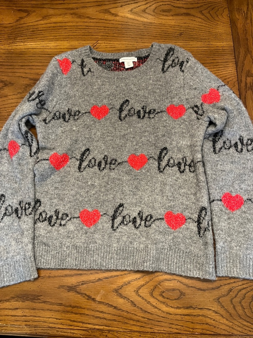 Cupcakes & Cashmere Grey 'Love' Heart Pattern Sweater, size medium